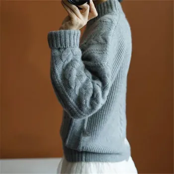 Nový príchod čistý cashmere twisted zrastov ženy móda pol vysoký golier voľné pulóver sveter jednofarebné S-L