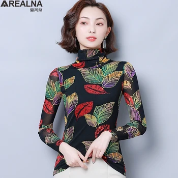 Jeseň dlhý rukáv T Shirt Ženy Móde kórejský tričko streetwear slim tričko Topy turtlenecks Kvetinový Transparentné Tee Tričko Femme