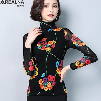 Jeseň dlhý rukáv T Shirt Ženy Móde kórejský tričko streetwear slim tričko Topy turtlenecks Kvetinový Transparentné Tee Tričko Femme