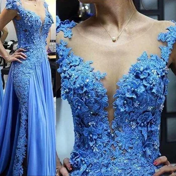 2020 Elegantné Modré Čipky Morská víla Večerné Šaty 3D Nášivka Korálkové Ilúzie tvaru Prom Šaty, Sexy Pozri Prostredníctvom Formálnej Strany Plášte