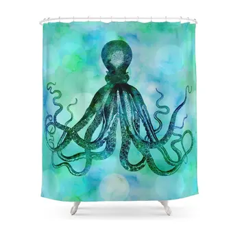 Octopus Modrá Zelená Zmiešané Médiá Podvodné umelecké Diela Sprcha CurtainSet Vaňa Opony Pre Kúpeľňa S protišmykové Rohože
