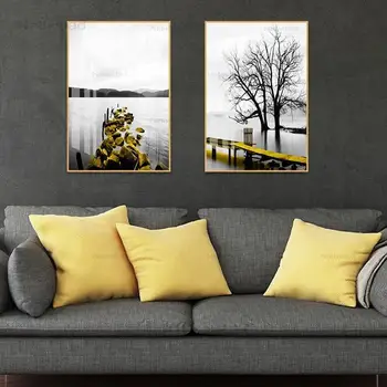 Frameless Plátno na Maľovanie Plagátu Lesk, Farba Plank Road Na Rieke Múr Umenia pre Žlté Loď pri Rieke Obrázok Dekor
