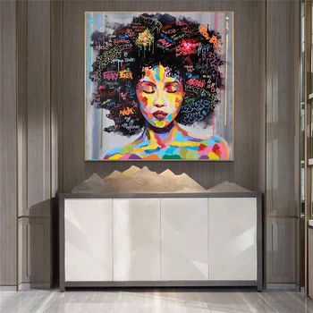 Abstrakt Africké Dievča S Písmenami Wall Art Plátno Moderný Pop Stenu Graffiti Art Obrazy Čierna Žena Cuadros Obraz Domova
