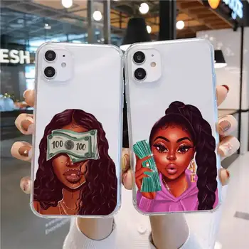 Čierny dievča Telefón Prípade Transparentné pre iPhone 11 12 mini pro XS MAX 8 7 6 6 Plus X 5S SE 2020 XR