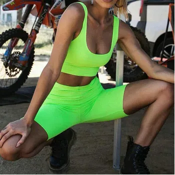 2020 Ženy 2 Ks Šport Nastaviť Žiarivkové svetlo zelenej Šatke Plodín Slim Top Tričko +Vysoký Pás Krátke Nohavice Nastaviť Pre Jogy Športové Fitness
