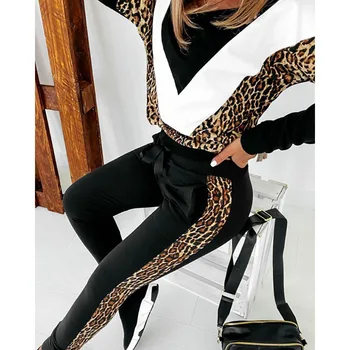 Jeseň Zima 2020 Nové Leopard Colorblock Gepard Mikina Nohavice Nastaviť Žien Veľké Voľné 2Piece Sada Pre Ženy Nohavice Top Potu
