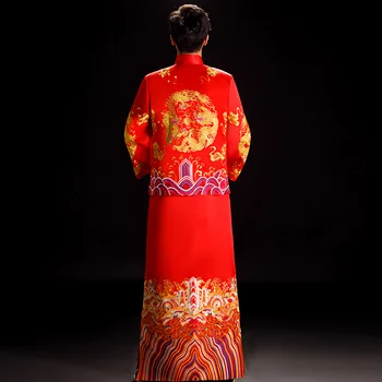 ženích svadobné červená cheongsam kostýmoch muž Čínsky štýl ženícha bunda dlhé šaty tradičnej Číne Qipao pre Pánske Nastaviť Oblečenie