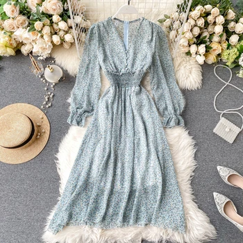 WHCW CGDSR dlhý rukáv šaty žien strany vintage jeseň zima 2020 luxusné boho elegantné a-line šifón šaty dráhy vestidos