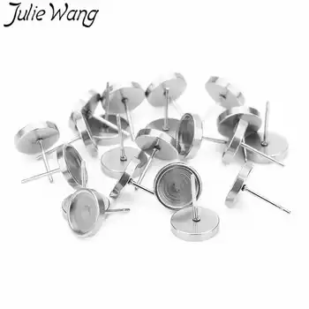 Julie Wang 20PCS 6/8/10/12mm Stud Náušnice Cabochon Nastavenia Základňa z Nerezovej Ocele, Náušnice Post Pohár Šperky, Takže Príslušenstvo
