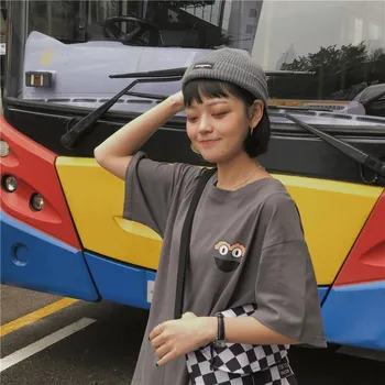 Nové Letné kórejský Harajuku roztomilý kreslený hrudi tlač bf dievča elegantné voľné okrúhlym výstrihom, krátke rukávy študenti T-shirt ženy oblečenie
