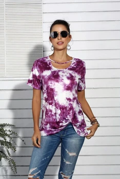 2020 Nový Dizajn Ženy O-krk Kravatu Farbivo Bežné T-shirt Ženy Móda tie Dye Čipky Duté Von Krátke Sleeve Tee