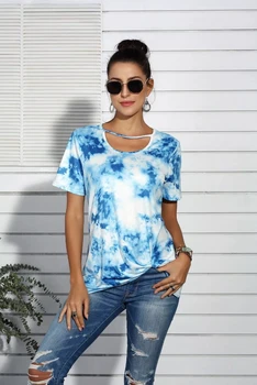 2020 Nový Dizajn Ženy O-krk Kravatu Farbivo Bežné T-shirt Ženy Móda tie Dye Čipky Duté Von Krátke Sleeve Tee