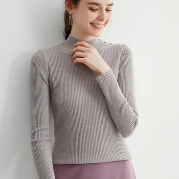 Nové farbou slim top ženy vysoká krku pletený sveter s dlhým rukávom