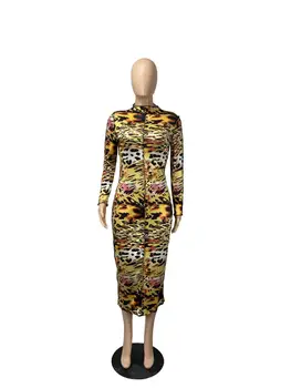 Európska Nové Sexy Leopard Tlač party šaty módne slim fit o-krk dlhý rukáv dámske tričko stredná dĺžka sukne