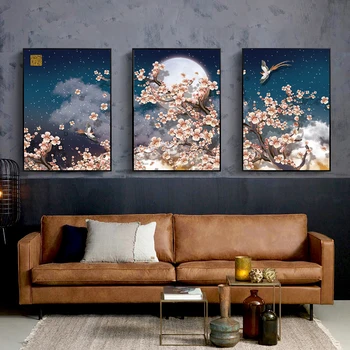 3ks Čínsky Štýl Wall Art Obraz na Plátne Vytlačený Maľovanie Peach Blossom Art Print Múr Umenia Plagátu Tlačí na Obývacia Izba