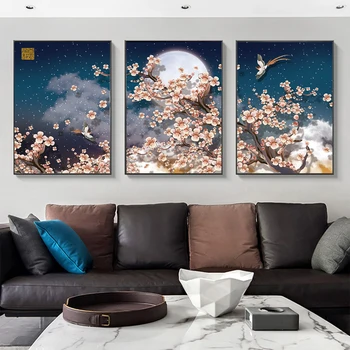 3ks Čínsky Štýl Wall Art Obraz na Plátne Vytlačený Maľovanie Peach Blossom Art Print Múr Umenia Plagátu Tlačí na Obývacia Izba