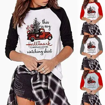 Vianočné T Shirt Ženy Vianočný Stromček Top Tri Štvrtiny Rukáv Tees 2019 Jeseň Zima Tee Košele Raglan Rukáv Tričko