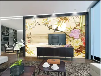 Vlastné nástenná maľba na stenu foto tapety 3d Reliéf krajiny pivónia bambusu kvety a vtáky dekor Tapety na steny v kotúčoch