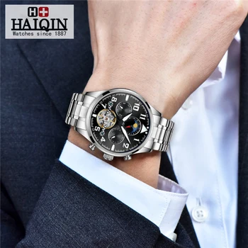 HAIQIN 2019 Módne náramkové hodinky pánske hodinky top značky luxusné Kožené mechanické hodinky mužov Vojenskej tourbillon Relogio Masculino