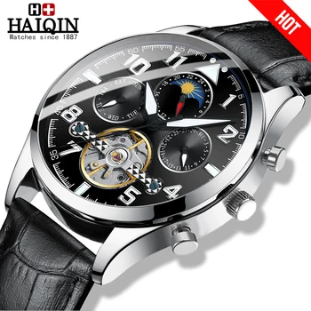 HAIQIN 2019 Módne náramkové hodinky pánske hodinky top značky luxusné Kožené mechanické hodinky mužov Vojenskej tourbillon Relogio Masculino