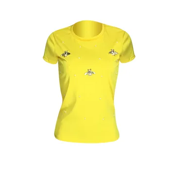 Plus Veľkosť Ženy Žltá Krátky Rukáv Pearl Lištovanie T-shirt Dámy Bežné Topy Motýľ Pevné Kolo Krku Letné Tričko Basic