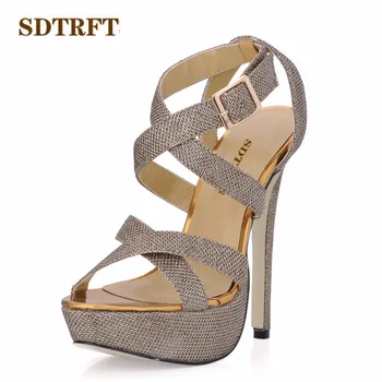 SDTRFT zapatos mujer Lete Stiletto sexy platformy sandále 14 cm Tenké Vysoké Podpätky Kríž Popruhu topánky žena Flitrami Pracky čerpadlá
