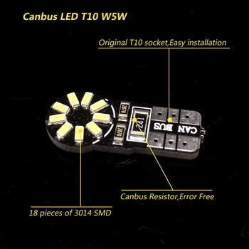 4x W5W T10 LED Auto Light LED Canbus Auto žiarovky špz Svetlo batožinového priestoru Lampa Parkovacie Svetlo, Lampa na Čítanie 12V Biele 18smd 3014