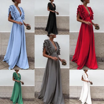 Na jar a v lete nový štýl Európske a Americké oblečenie pre ženy Lietania rukávy tvaru s uväzovaním za jednofarebné šaty