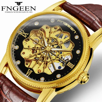 FNGEEN Top Značky Mechanické pánske Hodinky Kvet Textúra Kostra Zlaté Náramkové hodinky Tourbillon Muž Hodiny Diamond Saats Montre Homme