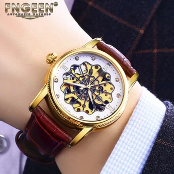 FNGEEN Top Značky Mechanické pánske Hodinky Kvet Textúra Kostra Zlaté Náramkové hodinky Tourbillon Muž Hodiny Diamond Saats Montre Homme