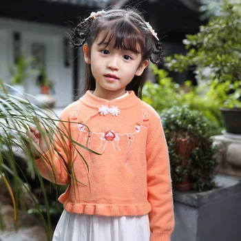 AutumnWinter Dievčatá Čínsky Národný Štýl princezná Výšivky Retro Sveter Deti Tradičné Tang Dievča Hanfu Oblečenie