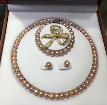 Doprava zadarmo luxusné Šľachtické šperky A B C(MÔŽETE si VYBRAŤ) 8-9mm Sladkovodné Perlový náhrdelník& NÁRAMOK náušnice brošňa nastaviť 45 CM