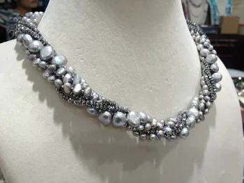 Sivá Sladkovodné Perly Crystal Náhrdelník Viacvrstvových Twist Náhrdelník Módne Ženy Šperky Doprava Zadarmo Skutočné Perly Umelo Pestované