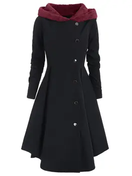 ROSEGAL Plus Veľkosť Asymetrický Fleece Kontrast s Kapucňou Rozprašovače na Kabát Ženy Zimné Kabáty Singel svojim Farebný Blok vrchné oblečenie Topy