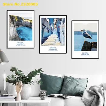 Nordic Stredomorské Krajiny Modrá Seascape canyon Štýl Maľby Štúdia Obývacia Izba, Dom Dekor Wall Art Plátno, Vytlačí Sky Blue