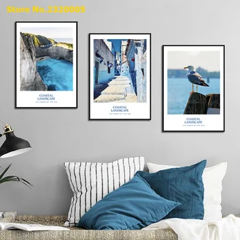 Nordic Stredomorské Krajiny Modrá Seascape canyon Štýl Maľby Štúdia Obývacia Izba, Dom Dekor Wall Art Plátno, Vytlačí Sky Blue