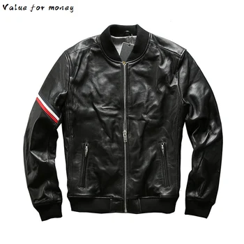 Mäkké Mužov Cowhide Bunda Veľkosť Baseball Outwear Originálne Kožené Čierne Kabáty Male Vintage Classic Motocyklový Jazdec Bundy