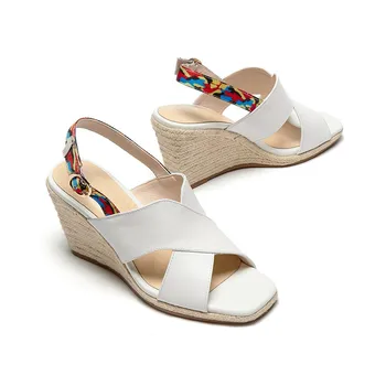 MEMUNIA 2020 kvalitné originálne kožené sandále dámske topánky spony jednoduchá ležérne topánky letné 8cm kliny sandále žena