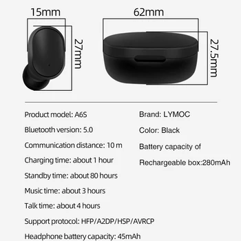 Pôvodné A6S Bluetooth Headsety Pre Redmi Airdots Bezdrôtové Slúchadlá 5.0 TWS Slúchadlá do uší Potlačením Hluku Mic pre iPhone Android