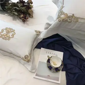J/5 ks Egypt bavlna Luxusný klasický Royal posteľná bielizeň Nastaviť Kráľovná King Size Zlaté výšivky Perinu Nastaviť Posteľ obliečky na Vankúše List
