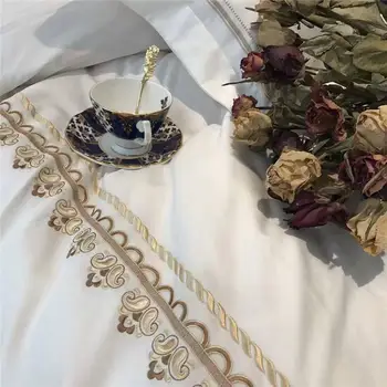 J/5 ks Egypt bavlna Luxusný klasický Royal posteľná bielizeň Nastaviť Kráľovná King Size Zlaté výšivky Perinu Nastaviť Posteľ obliečky na Vankúše List