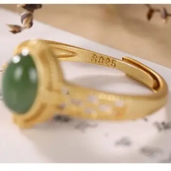 Nový Silver Prírodné Jaspis Oválne Krúžok Svetlo Luxusné Hollowing Proces Zlaté Ušľachtilý Čínsky Retro Štýl Ženy Značky Šperky