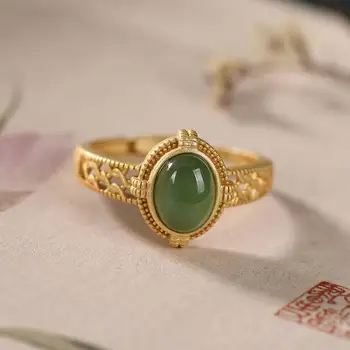 Nový Silver Prírodné Jaspis Oválne Krúžok Svetlo Luxusné Hollowing Proces Zlaté Ušľachtilý Čínsky Retro Štýl Ženy Značky Šperky