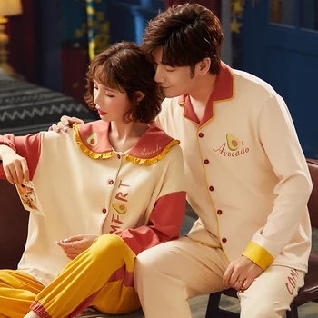 Na jar a na jeseň páru pyžamo dámske bavlna, dlhý rukáv cardigan kórejský kus dvoch mužov domáce oblečenie