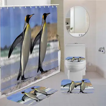 Penguin Sprchový Záves Nastaviť 4PCS/Set Absorpčné Obrys Rohože Wc Veko Krytu Vaňa Mat 12 Háčiky Kúpeľni Sprchový Záves Nastaviť
