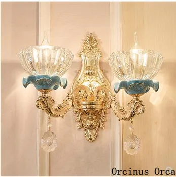 Európska luxusné modré crystal nástenné svietidlo obývacia izba, chodba, nočné lampy, francúzsky romantický kvet sklenené nástenné svietidlo