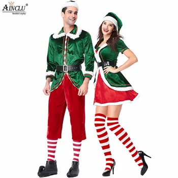 Ainclu Vianočné Dospelých Dámske Mužov Prestížnej Santa Claus Helper Green Holiday Elf Vianočné Cosplay Kostým Sladké Šaty Sady