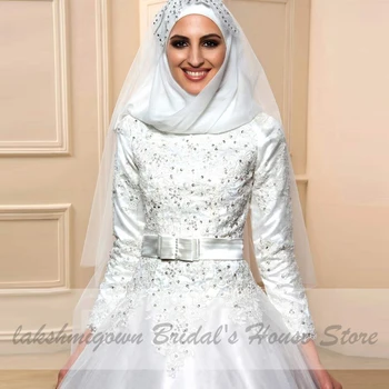 Vestido de Noiva Elegantný Dlhý Rukáv Moslimských Svadobné Šaty, Saténové Bodice Tylu Zips Späť Indickej Čipky Svadobné Šaty 2020