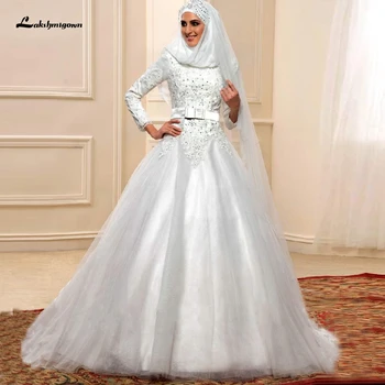 Vestido de Noiva Elegantný Dlhý Rukáv Moslimských Svadobné Šaty, Saténové Bodice Tylu Zips Späť Indickej Čipky Svadobné Šaty 2020