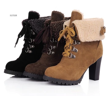 SLYXSH 2019 módne členkové topánky kolo prst čipky hrubé vysoké podpätky, topánky dámy držať teplé jesenné zimné čižmy veľkosť 35-39